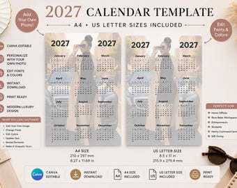 Modèle de calendrier 2027 personnalisé | Modèle de toile | Téléchargement instantané