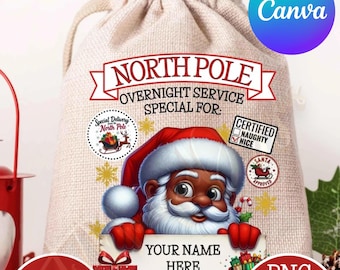 Puede incluir: Un saco de arpillera beige con el texto "BLACK SANTA SACK" en la parte superior. El saco presenta una ilustración de Papá Noel con tez negra, sosteniendo un letrero que dice "YOUR NAME HERE". El saco también tiene el texto "NORTH POLE OVERNIGHT SERVICE SPECIAL FOR:" y varios gráficos navideños.