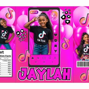 May include: A pink and black birthday party banner featuring a young girl in a black TikTok t-shirt. The banner includes the TikTok logo, balloons, and the name "JAYLAH" in pink letters. A nutrition facts label is also present.