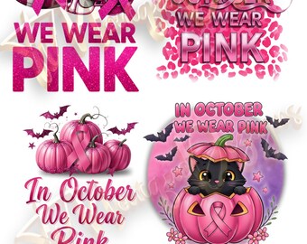 May include: A digital design featuring the text "In October We Wear Pink" with various pink graphics. Includes a football and helmet, leopard print, pumpkins, and a cat in a pumpkin, all with pink ribbons and bats.