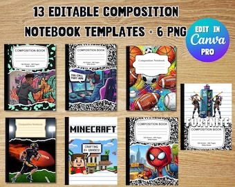Editable Compositon Book Covers + 6 PNG Designs | Kids book covers | Back to School | Instant Download | Notebook Covers