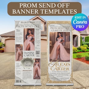 Könnte beinhalten: Zwei vertikale Banner-Vorlagen mit dem Text "PROM SEND OFF BANNER TEMPLATES". Die Banner zeigen eine Frau in einem champagnerfarbenen Kleid. Auf einem Banner steht "Jasmine Carter Class of 2026". Auf dem anderen steht "Alexis Carter Class of 2026".