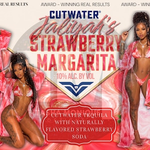 May include: An advertisement for Cutwater Jaliyah's Strawberry Margarita. The image features multiple women in red and white tie-dye swimwear and robes. The product name is displayed prominently, along with the text "10% ALC. BY VOL."
