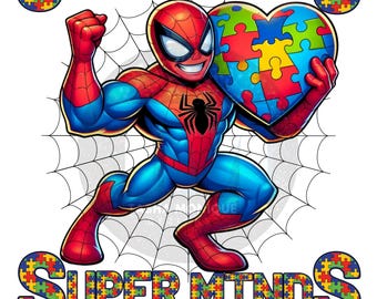 Super Hearts Super Minds Autism Awareness PNG & PDF | Spiderman-Inspired Digital Download | Autism Puzzle Piece Superhero Design