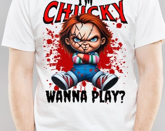 May include: White t-shirt with a red and black graphic of a doll with a stitched face and the text "I'm Chucky Wanna Play?"
