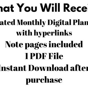 May include: Text that reads "What You Will Receive" followed by "Undated Monthly Digital Planner with hyperlinks" and "Note pages included". Below that is "1 PDF File" and "Instant Download after purchase".