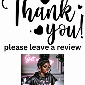 May include: A digital illustration of a Black woman with a bun in her hair, wearing a black hoodie with the text "Tasha Monique" on it. She is sitting at a desk with a laptop, a glass of wine, and a phone. The background has a pink neon sign that says "Get Money".
