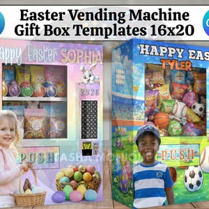 Puede incluir: Dos plantillas de cajas de regalo para máquinas expendedoras con temática de Pascua. Una presenta "Felices Pascuas Sophia" con una niña y una cesta de huevos. La otra dice "Felices Pascuas Tyler" con un niño y balones deportivos. Ambas tienen "2026" y un conejito.