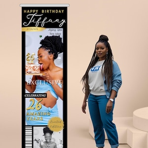 May include: Editable retractable banner template, 24x80 inches, featuring a birthday theme. The banner includes the name "Tiffany", the date 07/25/1975, and the phrases "Aging like fine wine", "Exclusive", "Celebrating 26 Amazing Years", and "Limited Edition".