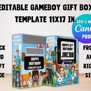 Puede incluir: Una plantilla de caja de regalo Gameboy personalizable, 28 x 43 cm, con un tema de Minecraft. La caja incluye el texto "Feliz Cumpleaños Jacob" y "Feliz 12º Cumpleaños Jacob". El diseño es editable y redimensionable con Canva Pro.