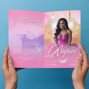 May include: A pink memorial card with the text "With Gratitude" and "In Loving Memory of Raquel Williams." The card features a photo of a woman in a pink dress and gold gates. The dates "8/2/03" and "6/2/34" are also visible.