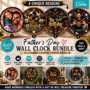 Puede incluir: Un conjunto de relojes de pared para el Día del Padre con cuatro diseños únicos. Cada reloj de 30,48 cm x 30,48 cm presenta una foto y texto. Los relojes tienen un marco negro y números romanos. El texto incluye "Happy Father's Day", "World's Best Dad".