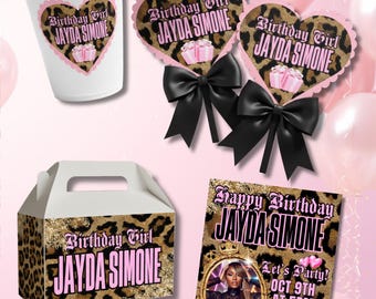 Leopard Pink Birthday Bundle Templates: Editable Birthday Party Favors (Canva, Instant Download)