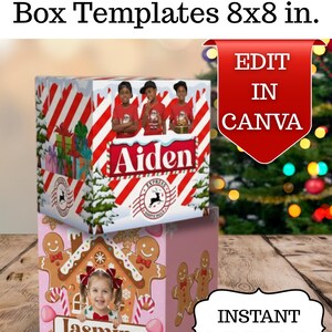 Peut inclure: Deux modèles de boîtes de Noël, chacun de 20x20 cm. Une boîte présente un motif à rayures rouges et blanches avec le nom "Aiden" et des images d'enfants. L'autre boîte est rose avec un motif de maison en pain d'épices et le nom "Jasmine".