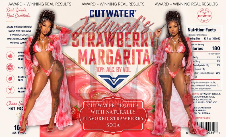 May include: A promotional image for Cutwater Jaliyah's Strawberry Margarita. The label features the product name, 10% alcohol content, and nutrition facts. Two women in red and pink outfits flank the label. The product is a tequila-based cocktail.