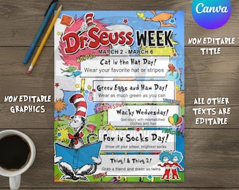 Editable Dr. Seuss Template | School Reading Flyer | Printable & Digital Use Canva Template | Instant Download