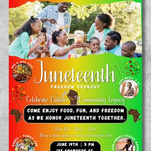 Puede incluir: Un folleto vibrante para un Juneteenth Freedom Cookout, que muestra una reunión familiar y detalles del evento. El diseño utiliza un degradado de rojo, naranja y verde, con texto que invita a los asistentes a disfrutar de comida, diversión y libertad.
