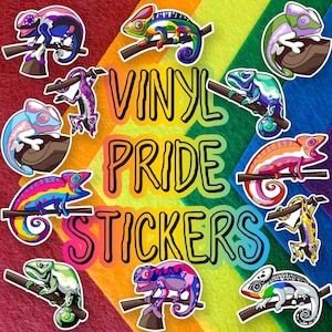 May include: A collection of colorful vinyl stickers featuring chameleons in various poses. The stickers are designed with rainbow colors and the text "VINYL PRIDE STICKERS". The background is a rainbow pattern.