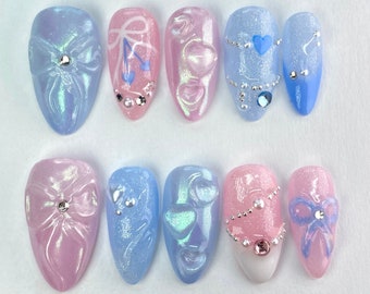 Blue & Pink Heart Bow Press On Nails | 3D Rhinestone Gel Nails