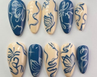 Blue Press On Nails | Butterfly Nails | Detailed Art Nails | Reuseable Nails | Trendy Press On Nails | Custom Nail Design