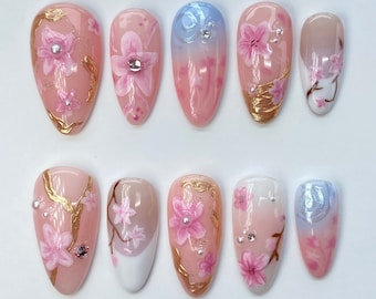Handmade Cherry Blossom Press On Nails | Gold Chrome Sakura Pink