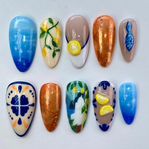 Italian Summer Press On Nails | Lemon Yellow Press On Nails | Chrome Nails | 3D Gel Nails | Blue Nails | Sparkly Nails |Reusable False Nails