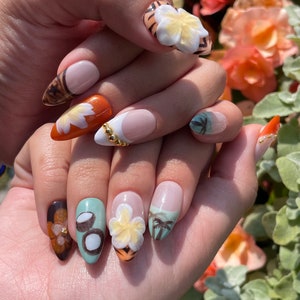 Tropical Summer Vacation Press On Nails | 3D Flower Nails | Animal Print Nails | Orange & Green Nails | Reusable False Nails