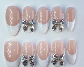 Coquette Bow Press On Nails | French Tip Press On Nails | Metal Charm Nails | Pearl Nails | Cute Nails | Reusable Nails