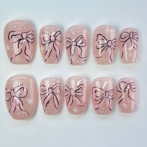 Coquette Pink Bow Press On Nails | Sparkly Press On Nails | Pink Nails | Cute Coquette Nails | Reusable Gel Nails