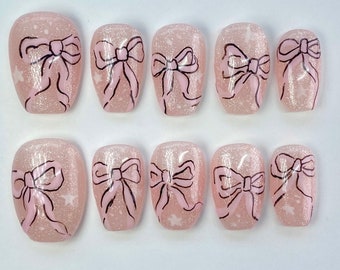 Coquette Pink Bow Press On Nails | Sparkly Press On Nails | Pink Nails | Cute Coquette Nails | Reusable Gel Nails