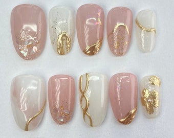 Pink & Gold Nuance Press On Nails | Gold Chrome Nails | 3D Gel Nails | False Reusable Nails