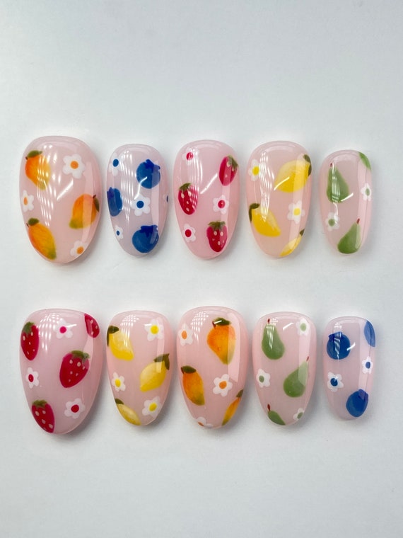 Fruit Themed Press On Nails | Floral Nails | Detailed Art Nails | Aesthetic Trendy Nails | Strawberry Nails | Lemon Nails Reusable Gel Nails