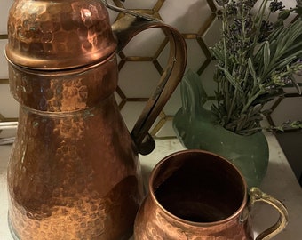 Early 20th Century Vintage Hammered Copper Pitcher and Mug Set