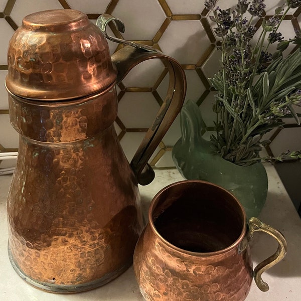 Early 20th Century Vintage Hammered Copper Pitcher and Mug Set