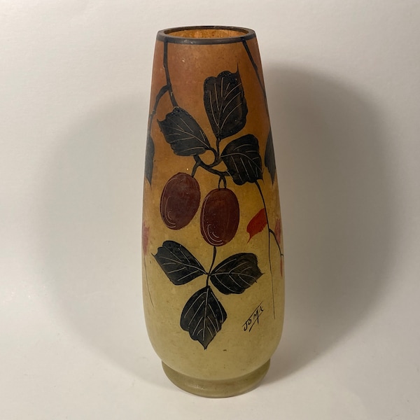 JOMA Vase en verre avec décor peint tons ocre et signé