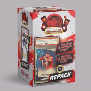 May include: A red and white box labeled "REPACK" with "JACKPOT BREAKERS" text and images of football cards. The box contains 3 packs of football cards and 1 graded football card. A card featuring Patrick Mahomes is visible.