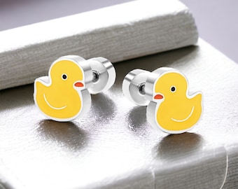 Stainless Steel Little Yellow Duck Stud Earrings - Silver - Waterproof - Hypoallergenic