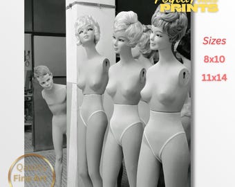 Peeping Tom Mannequin Vintage Photo Print | Retro Store Display Humor | Boy Mannequin Peeking at Female Mannequins | Quirky Wall Art Decor