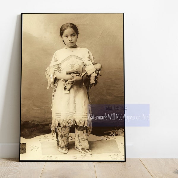 Katie Roubideaux Native American Girl Holding Doll Circa 1890"s Antique Sepia Photo Print Vintage Wall Art