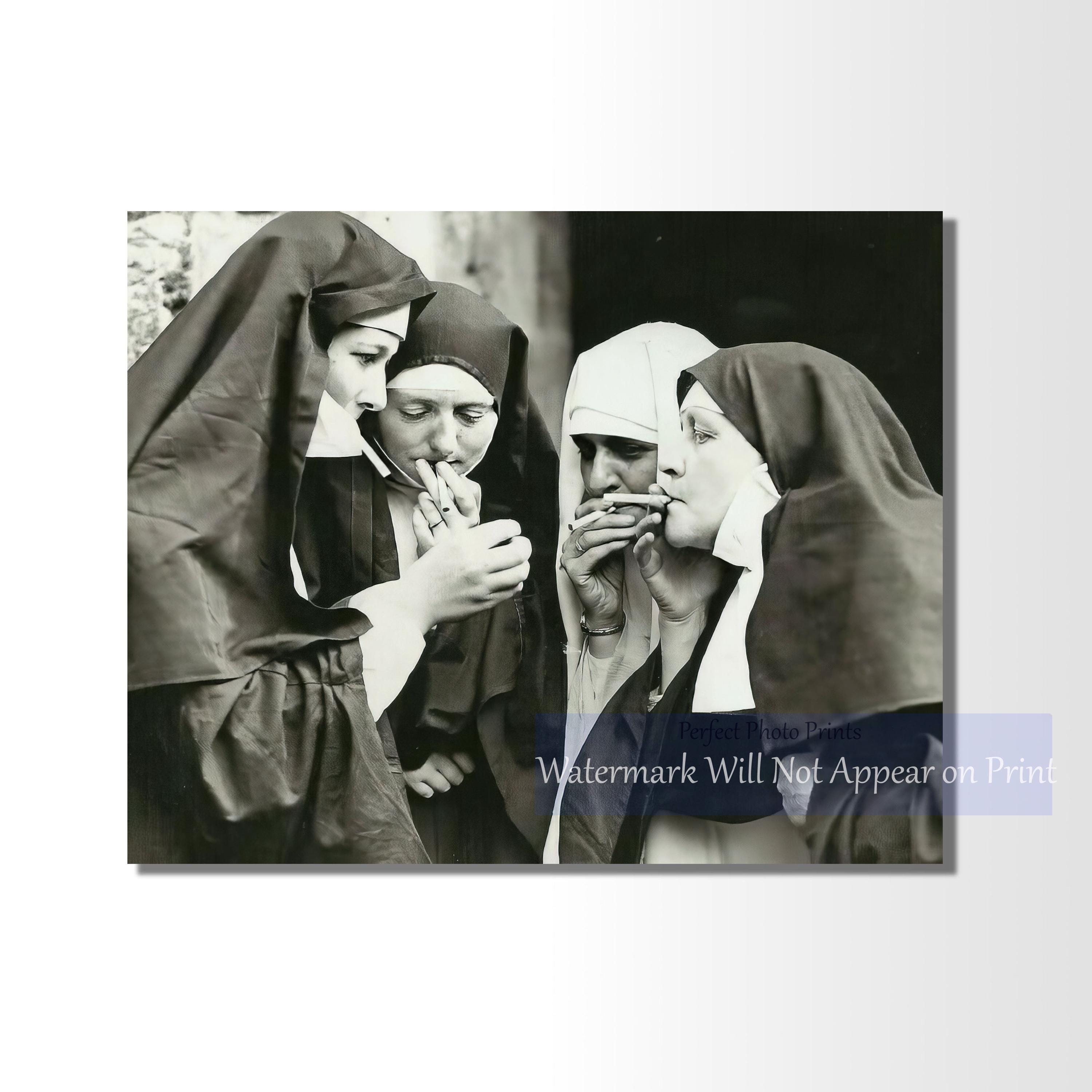 Vintage Photo Print of Nuns Smoking Cigarettes | Retro Religious Humor Wall Art | Unique Vintage Photography, Giclée Fine Art Print