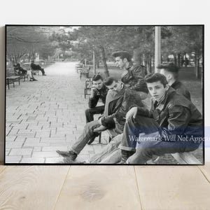 May include: Black and white photograph of five young men sitting on a bench in a park. They are all wearing leather jackets and have their hair slicked back. The men are looking at the camera.