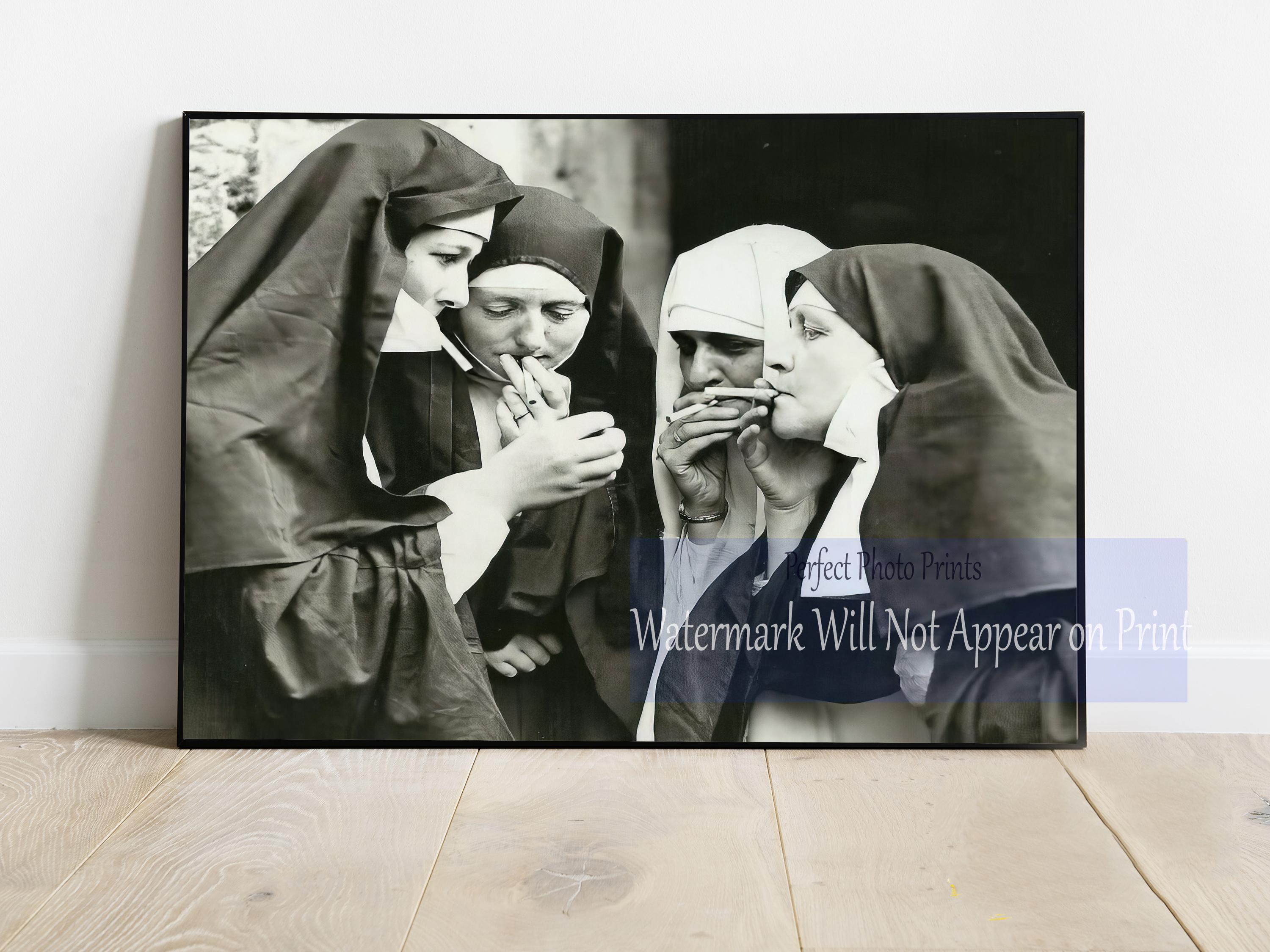 Vintage Photo Print of Nuns Smoking Cigarettes | Retro Religious Humor Wall  Art | Unique Vintage Photography, Giclée Fine Art Print