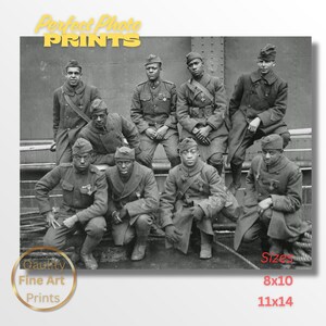 May include: Black and white print of a group of soldiers in uniform. The image features the text "Perfect Photo Prints" and "Quality Fine Art Prints". The print sizes are 8x10 and 11x14.