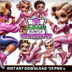 Paquete de 25 imágenes prediseñadas - Chibi Betty Pink / Descarga instantánea PNG