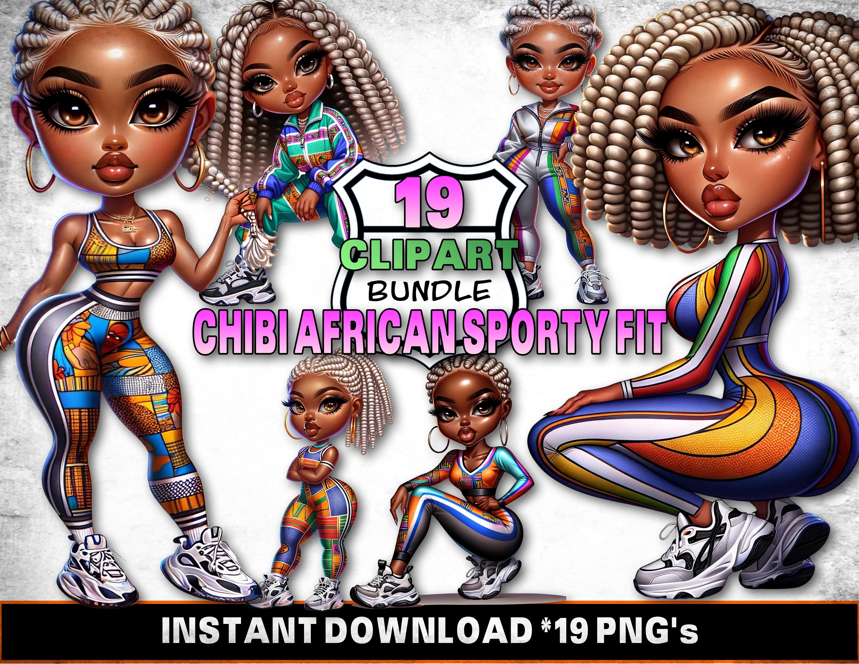 Listado de Chibi African Sporty Fit / 19 PNG Digital Art Bundle / descarga digital / Fondo transparente / Perfecto para POD"