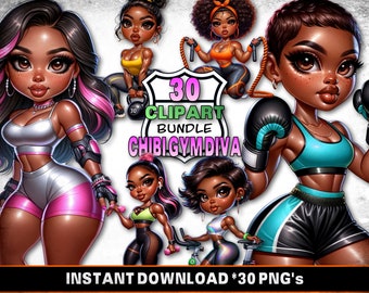 Listado de Chibi Gym Diva / 30 PNG Digital Art Bundle / descarga digital / Fondo transparente / Perfecto para POD&quot;