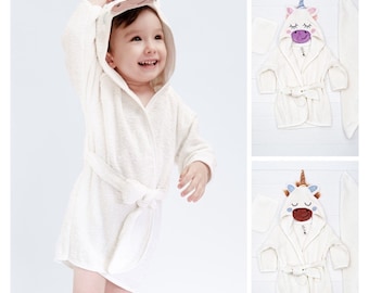 Unicorn Embroidered Hooded Bathrobe Set for Toddlers, Monogrammed Bath Towel for Baby and Infant, Shower Gift for Baby Girl and Boy