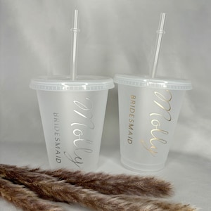 Personalised Clear Gold and Silver Vinyl Cups with straw and lid. Cup Size Small 16oz. Bridesmaid, Hen Party, Special Occasions.