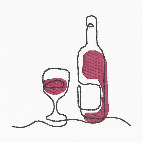 Simple Wine Embroidery Design, Minimal Champagne Bottle Embroidery, Wine Continuous Line Drawing Embroidery