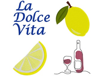 Italian Themed Embroidery Designs, European Summer, Embroidery Digital Files 2 sizes, Wine Embroidery, Citrus Fruit, La Dolce Vita